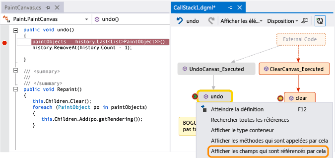 Show fields in a method on call stack code map