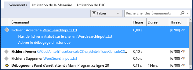 Screenshot of the Events tab in the Visual Studio Diagnostic Tools window. An event is selected and expanded to show it's details.