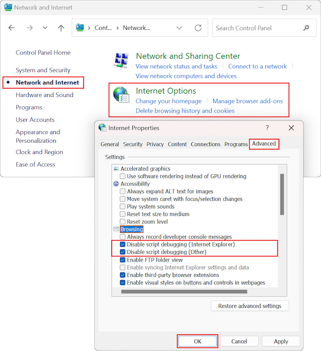 Capture d’écran montrant comment sélectionner les options « Désactiver le débogage de script » pour les propriétés Internet dans le Panneau de configuration Windows.