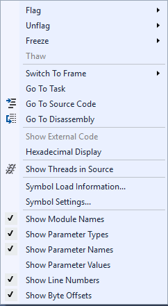 Capture d’écran du menu contextuel dans la fenêtre Piles parallèles.