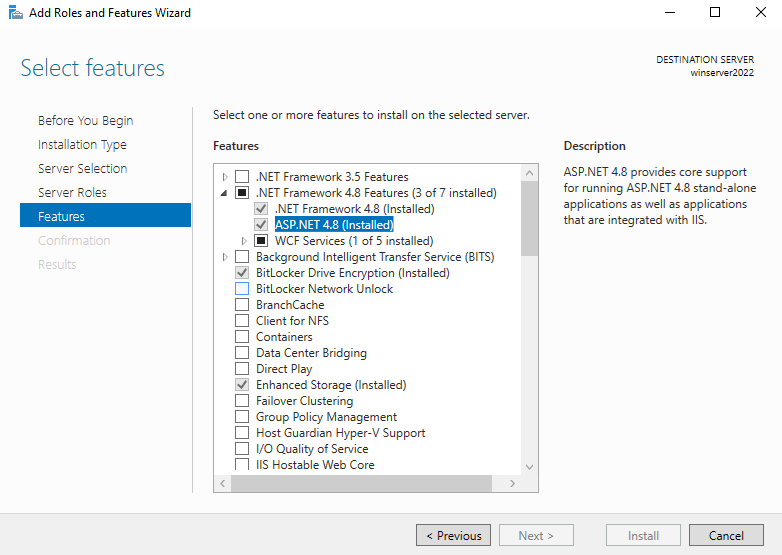 Capture d’écran d’IIS Ajouter des rôles et des fonctionnalités pour IIS : ASP.NET 4.8 sélectionnée.