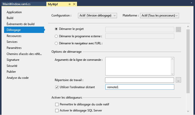 Capture d’écran de l’onglet Débogage dans les propriétés du projet Visual Studio. La propriété Use remote machine est définie sur « MJO-DL :4022 ».