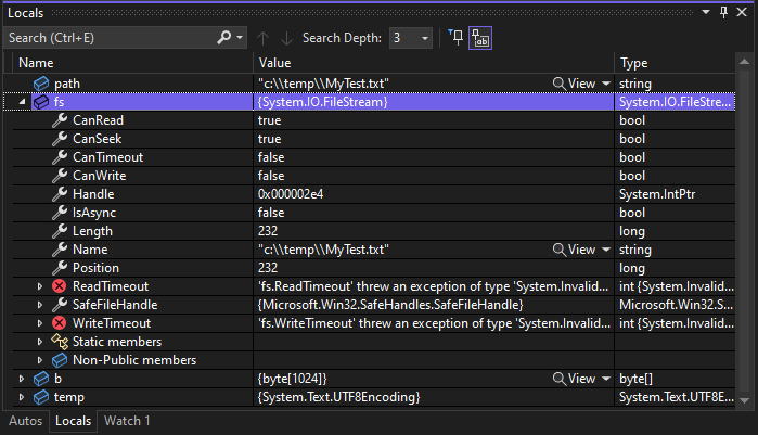 Capture d’écran de la fenêtre Locals, avec un fichier défini sur une valeur System.IO.FileStream.