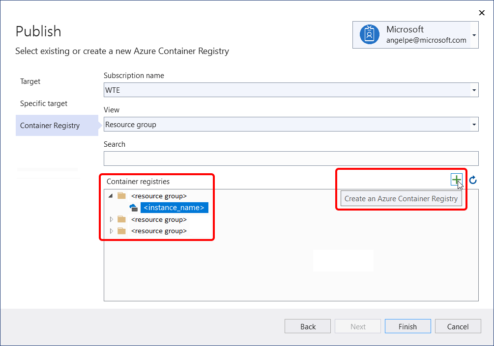 Capture d’écran montrant l’option de publication sur Azure Container Registry.