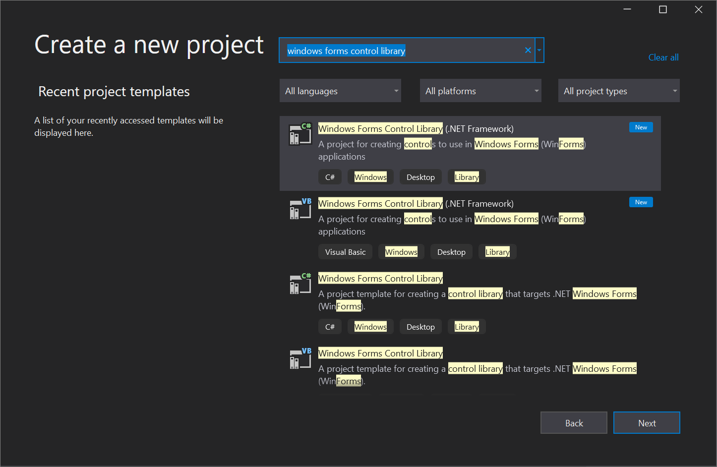 Capture d’écran du modèle bibliothèque de contrôles Windows Forms dans Visual Studio.