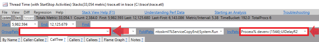 Définition de GroupPath et IncPath dans la vue Piles de temps de thread