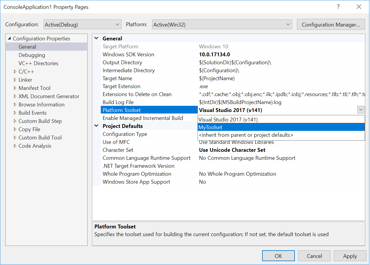 La propriété Platform Toolset dans la boîte de dialogue Pages de propriétés du projet