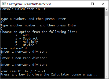 Capture d’écran d’une fenêtre console avec une invite répétée pour fournir un nombre différent de zéro.