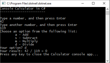 Capture d’écran d’une fenêtre console montrant l’application Calculatrice qui retourne un nombre entier incorrect en conséquence.