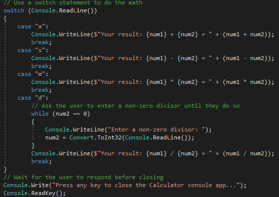 Capture d’écran montrant la section de commutateur révisé dans l’éditeur de code Visual Studio.