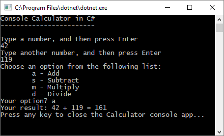 Capture d’écran d’une fenêtre console montrant l’application Calculatrice avec une invite.