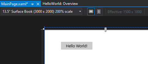 Capture d’écran montrant le contrôle de bouton sur la toile du Concepteur XAML avec l’étiquette du bouton changée en Hello World !