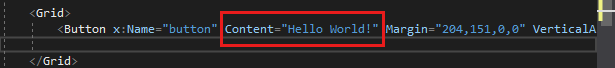 Capture d’écran montrant le code XAML du bouton dans l’éditeur XAML, avec la propriété Contenu modifiée en Hello World !