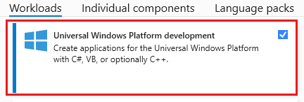 capture d’écran de Visual Studio Installer montrant la charge de travail de développement de la plateforme Windows universelle.