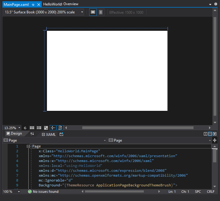 Capture d’écran montrant MainPage.xaml ouvert dans l’IDE Visual Studio et le volet Concepteur XAML affiche une aire de conception vide et le volet Éditeur XAML affiche certains du code XAML.