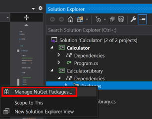 Capture d’écran de La gestion des packages NuGet dans le menu contextuel.