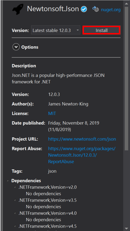 Capture d’écran des informations du package NuGet Newtonsoft J SON dans le Gestionnaire de package NuGet.