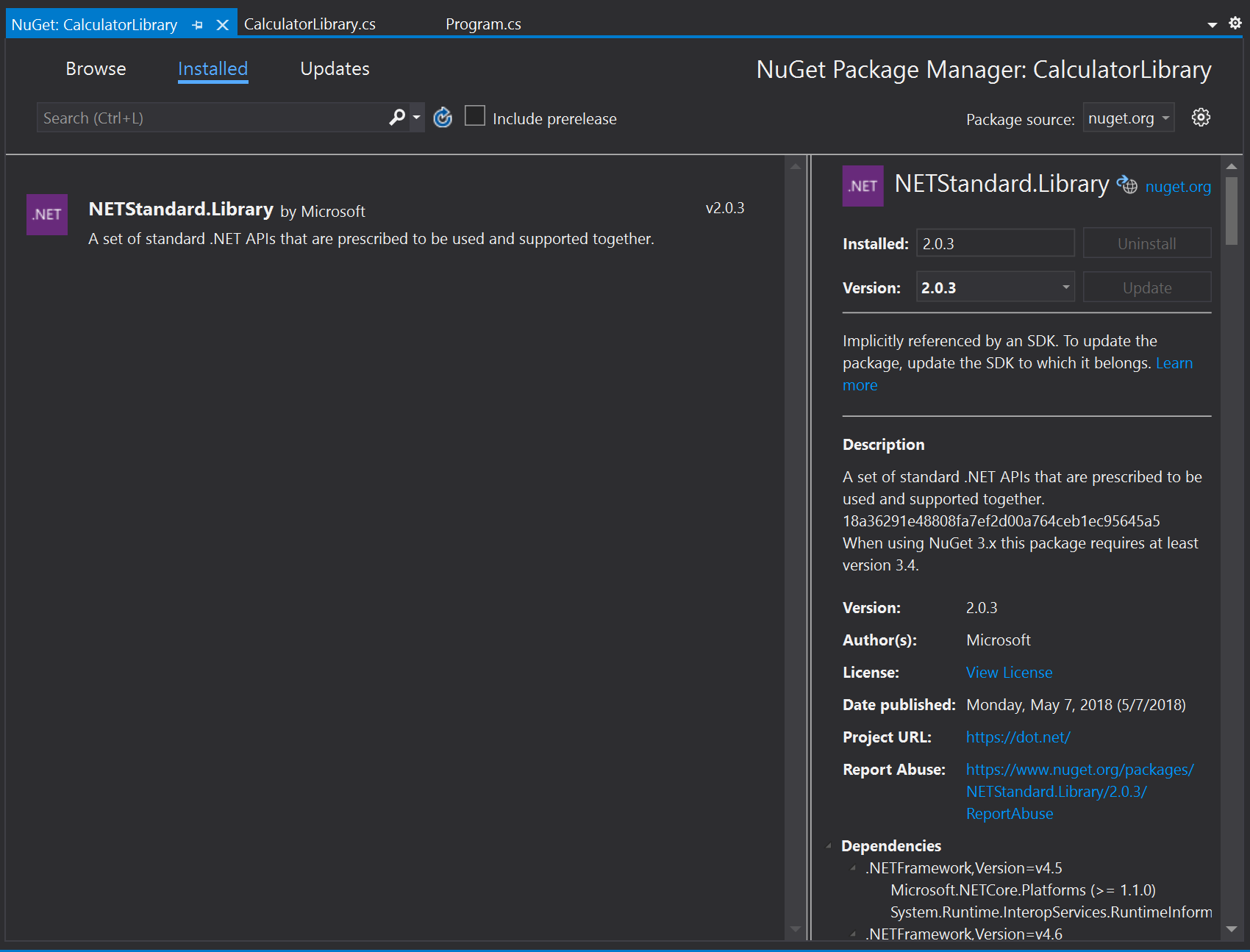 capture d’écran du Gestionnaire de package NuGet.