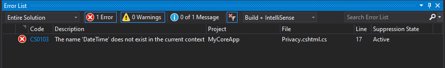 Capture d’écran montrant la barre d’outils Liste d’erreurs dans Visual Studio avec DateTime listé.