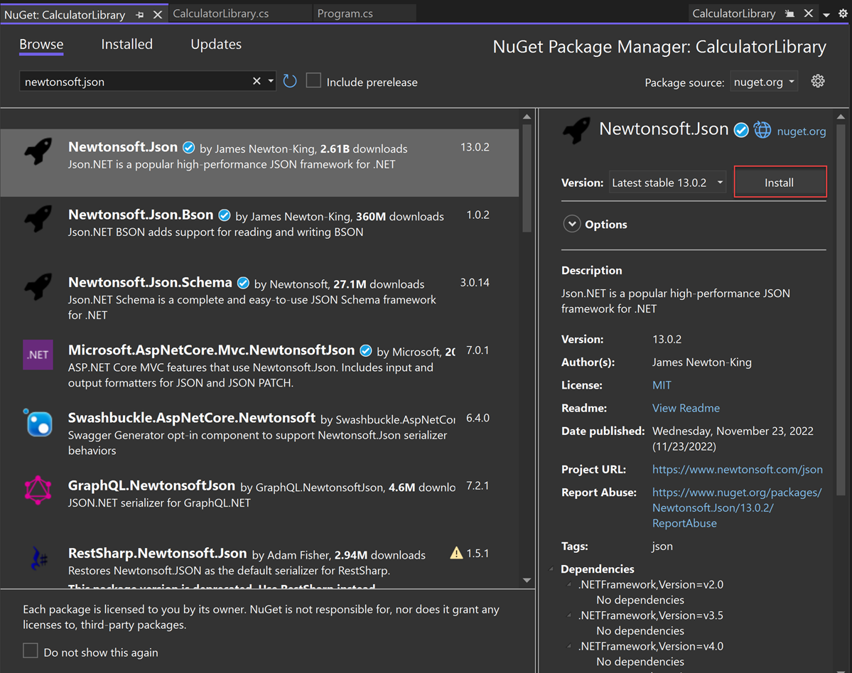 Capture d’écran des informations du package NuGet Newtonsoft J SON dans le Gestionnaire de package NuGet.