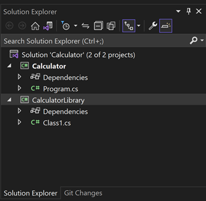 Capture d’écran de l’Explorateur de solutions avec le projet de bibliothèque de classes CalculatorLibrary ajouté.