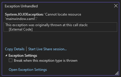 Capture d’écran de la fenêtre Sortie montrant une exception System.IO.IOException avec le message, Impossible de localiser la ressource mainwindow.xaml.