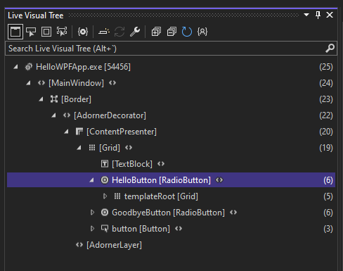 Capture d’écran de la fenêtre Arborescence d’éléments visuels en direct, montrant l’arborescence des éléments visuels dans HelloWPFApp.exe pendant son exécution.