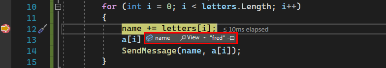 Capture d’écran d’une info-bulle de données dans le débogueur dans Visual Studio 2022 qui montre la valeur de chaîne pour la variable « name ».