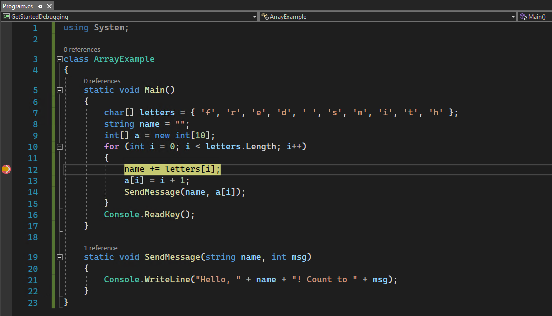 Capture d’écran montrant un point d’arrêt dans l’éditeur de code de Visual Studio 2022, avec l’exécution du code suspendue au point d’arrêt.