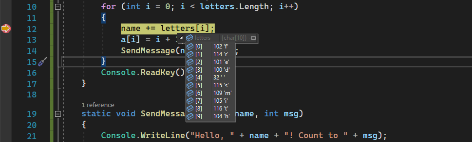 Capture d’écran d’une info-bulle de données du débogueur dans Visual Studio 2022 qui montre les valeurs d’élément pour la variable de tableau « letters ».