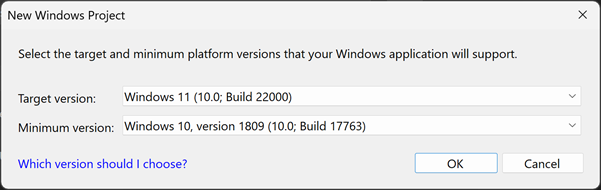 Capture d’écran de la boîte de dialogue Nouveau projet de plateforme Windows universelle montrant la version cible par défaut et les paramètres de version minimale.