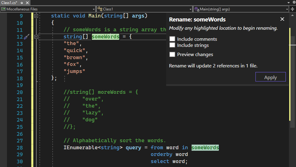 Capture d’écran de la zone contextuelle Renommer dans l’éditeur de Visual Studio 2022.