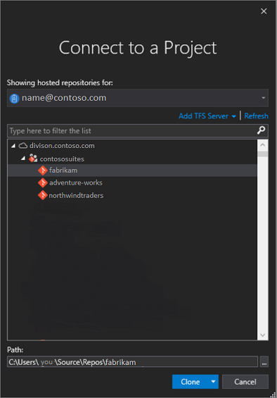 capture d’écran de la boîte de dialogue « Se connecter à un projet » à partir de Visual Studio 2019 version 16.7 et versions antérieures.