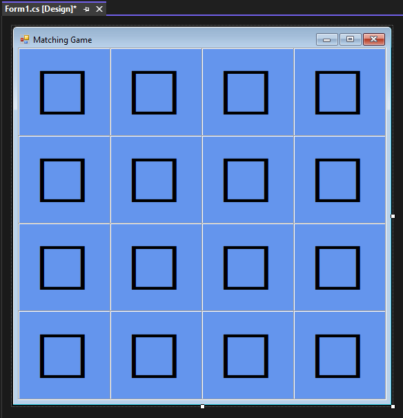 Capture d’écran du formulaire de jeu correspondant avec 16 carrés noirs.