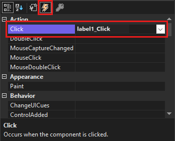Capture d’écran montrant la fenêtre Propriétés montrant l’événement Click.