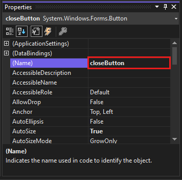 Capture d’écran montrant la fenêtre Propriétés avec le nom closeButton.