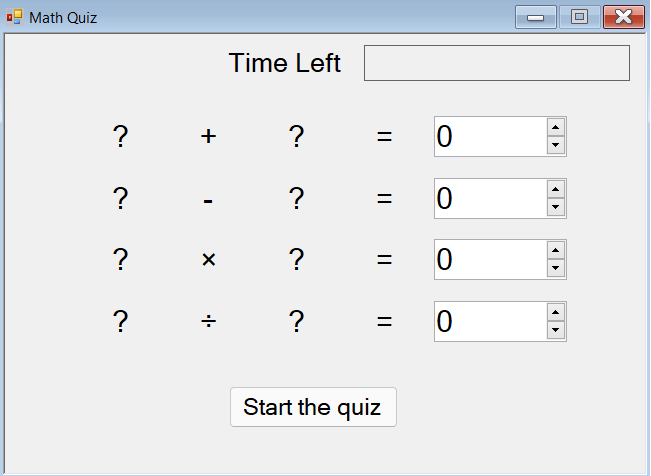 Capture d’écran montrant un questionnaire mathématique avec quatre lignes de problèmes et un bouton démarrer.