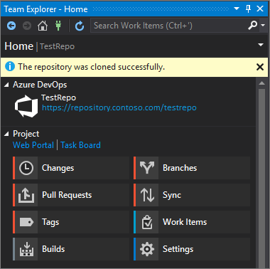 Capture d’écran de la fenêtre Team Explorer dans Visual Studio 2019 version 16.7 et antérieure, une fois le clone terminé.