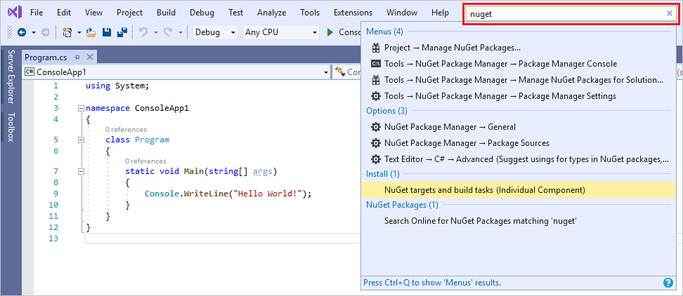 Capture d’écran montrant la zone de recherche Lancement rapide dans Visual Studio 2019.