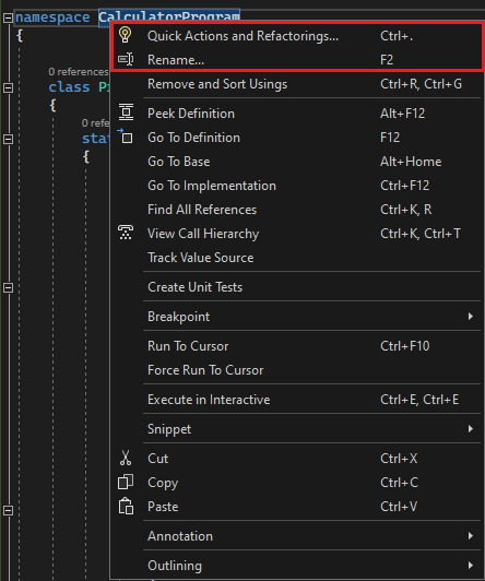 Capture d’écran montrant la refactorisation dans Visual Studio.