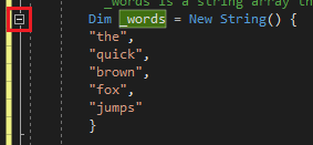 capture d’écran de l’éditeur Visual Studio Code. Le bouton permettant de réduire le contour d’une section de code est mis en surbrillance en rouge.