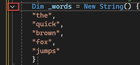 capture d’écran de l’éditeur Visual Studio Code. Le bouton permettant de réduire le contour d’une section de code est mis en surbrillance en rouge.