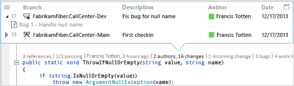 Capture d’écran de CodeLens - Voir la modification entrante d’une autre branche dans Visual Studio 2019.