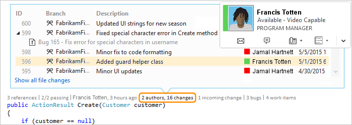 Capture d’écran montrant comment contacter le propriétaire d’un élément avec CodeLens dans Visual Studio 2019.