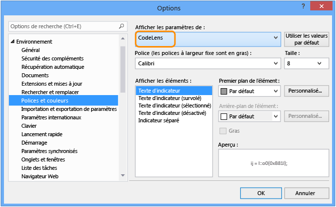 CodeLens - Modifier les paramètres de police et de couleurs