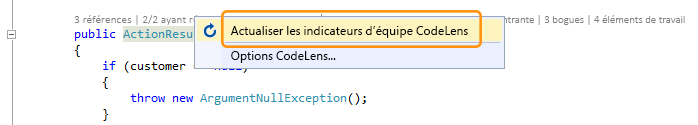 Élément de menu Actualiser les indicateurs d’équipe CodeLens