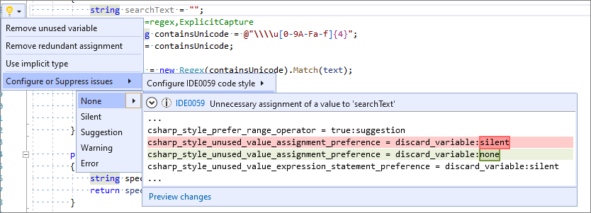 Configurer le niveau de gravité d’une règle de style de code directement dans l’éditeur