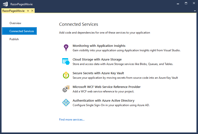 Capture d’écran montrant les Services connectés de Visual Studio.