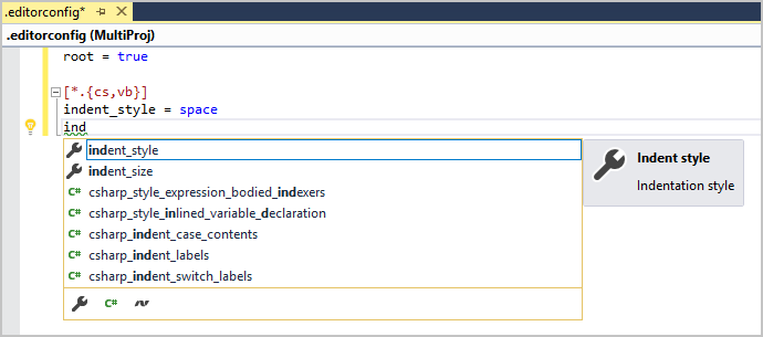 Capture d’écran montrant IntelliSense avec l’extension EditorConfig Language Service.