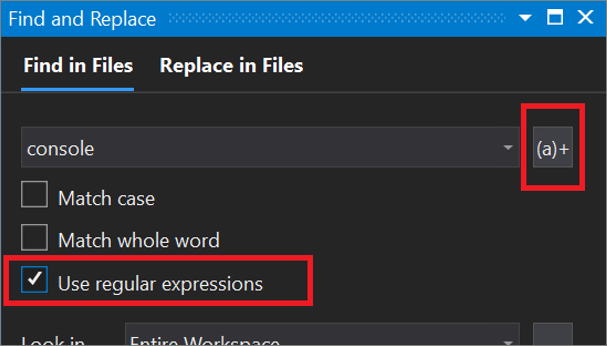 Capture d’écran de la boîte de dialogue Rechercher dans les fichiers qui inclut et décrit le bouton Générateur d’expressions et la case Utiliser des expressions régulières.